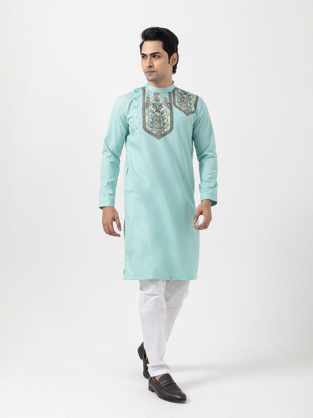 Men's Green Cotton Kurta Set – Ethnic Print & Side Placket