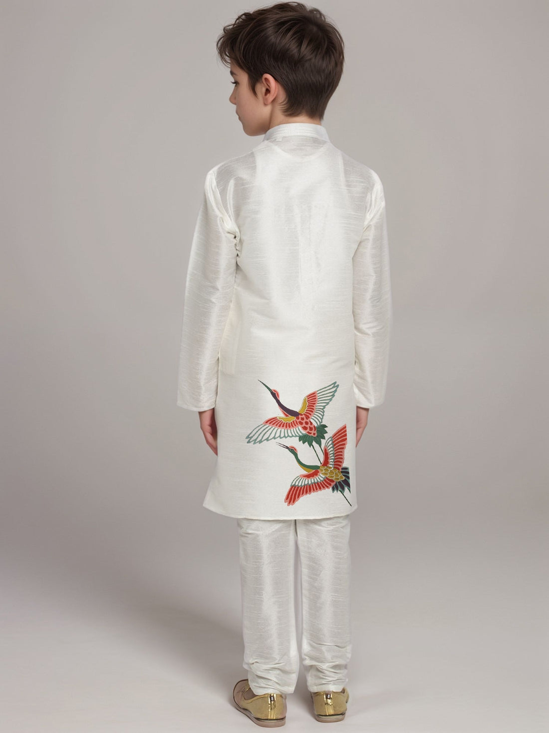Boys' White Dupion Kurta & Pyjama Set – Printed