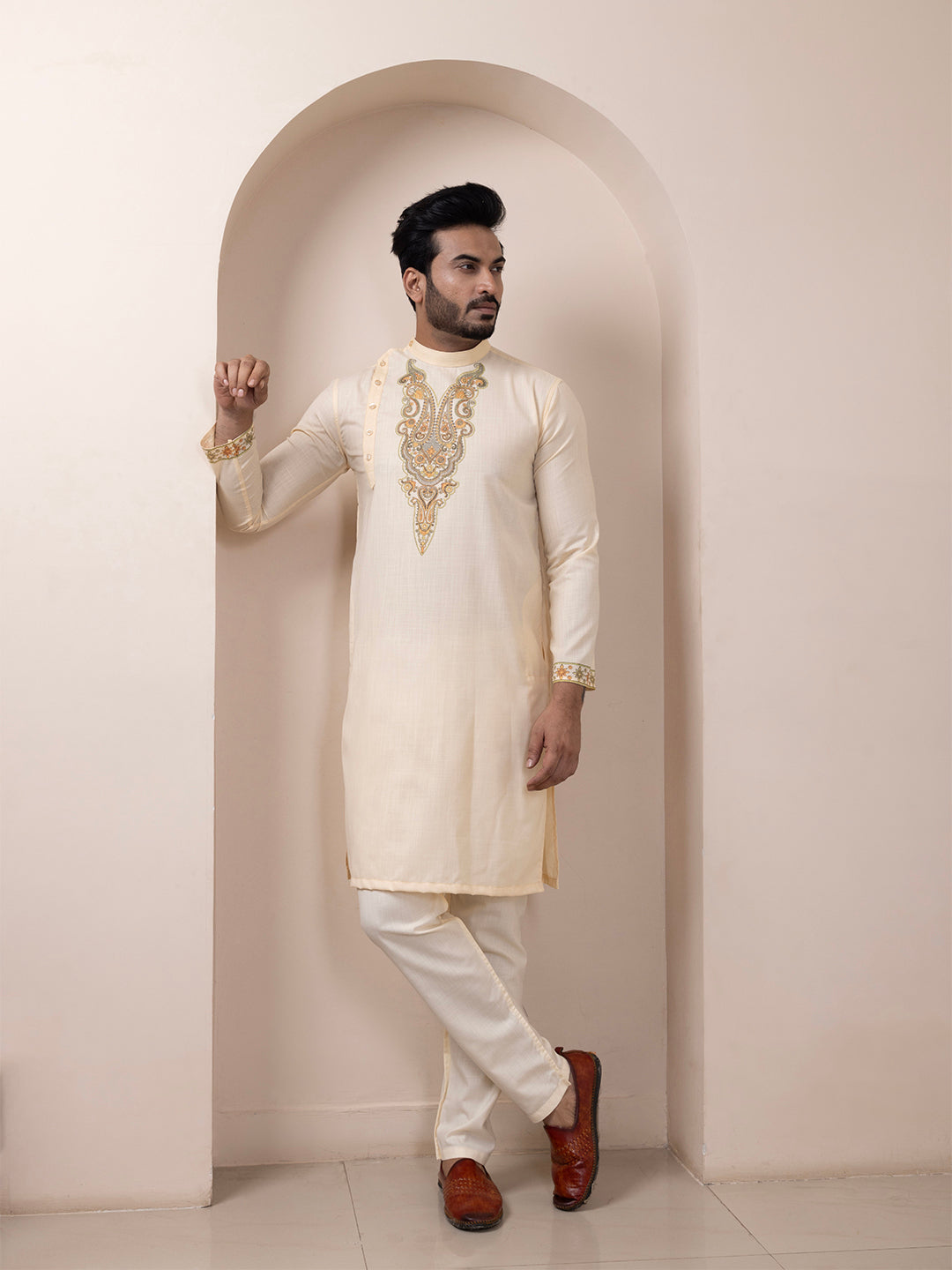 Men's Beige Cotton Kurta Set – Ethnic Print & Side Placket