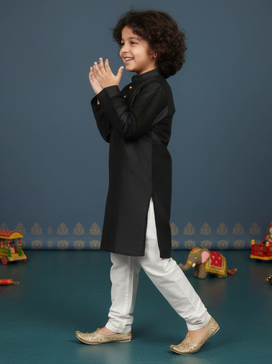 Boys' Black Art Silk Kurta Set – Solid