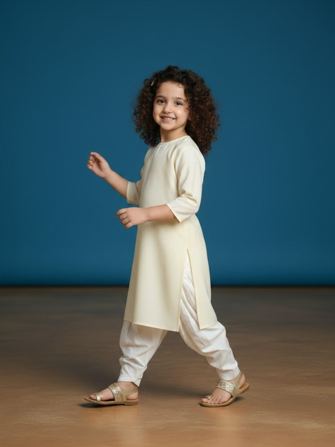 Girls' Beige Cotton Kurti Set – Solid