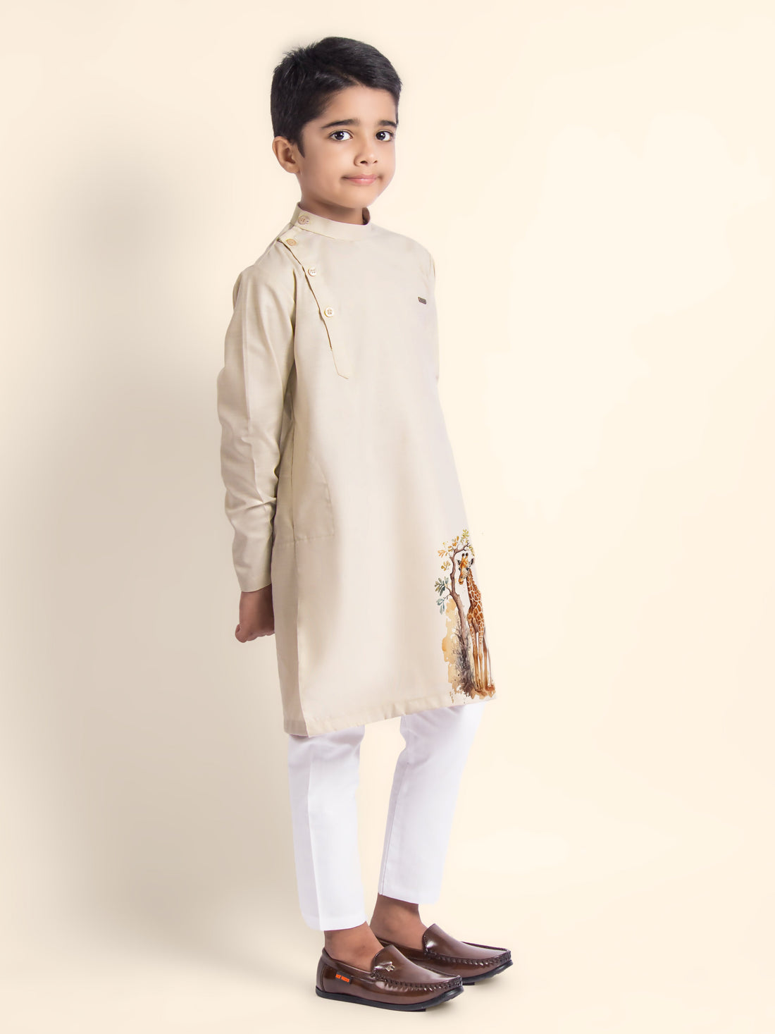 Boys' Beige Cotton Kurta Set – Printed