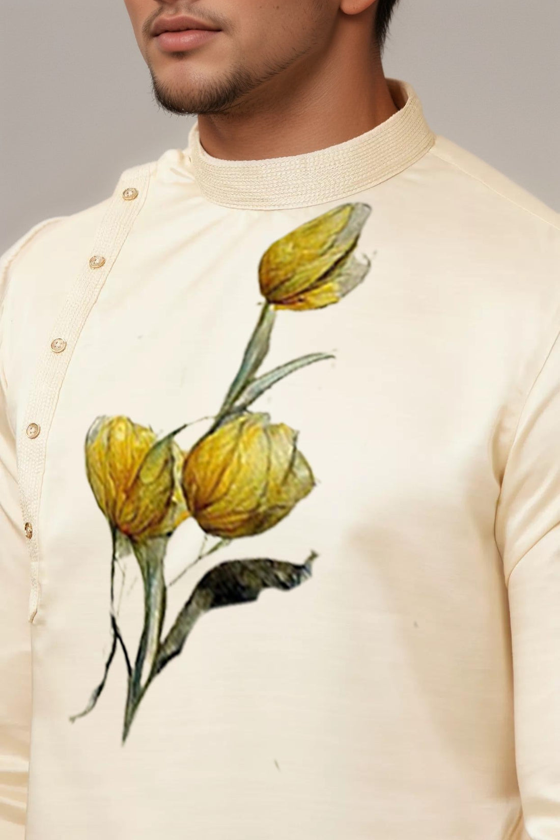 Men's Beige Cotton Kurta Set – Ethnic Print & Side Placket