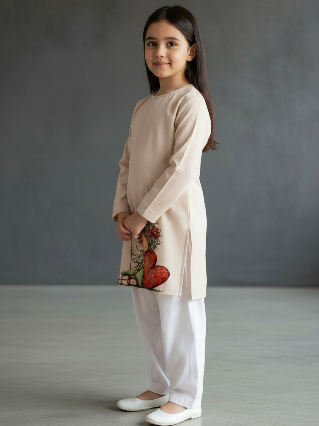 Girls' Beige Cotton Kurti Set – Ethnic Print