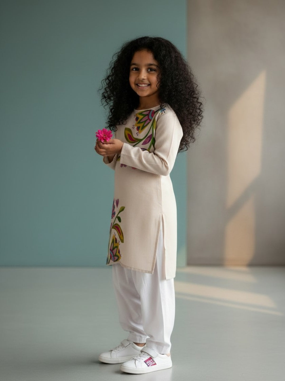 Girls' Beige Cotton Kurti Set – Ethnic Print