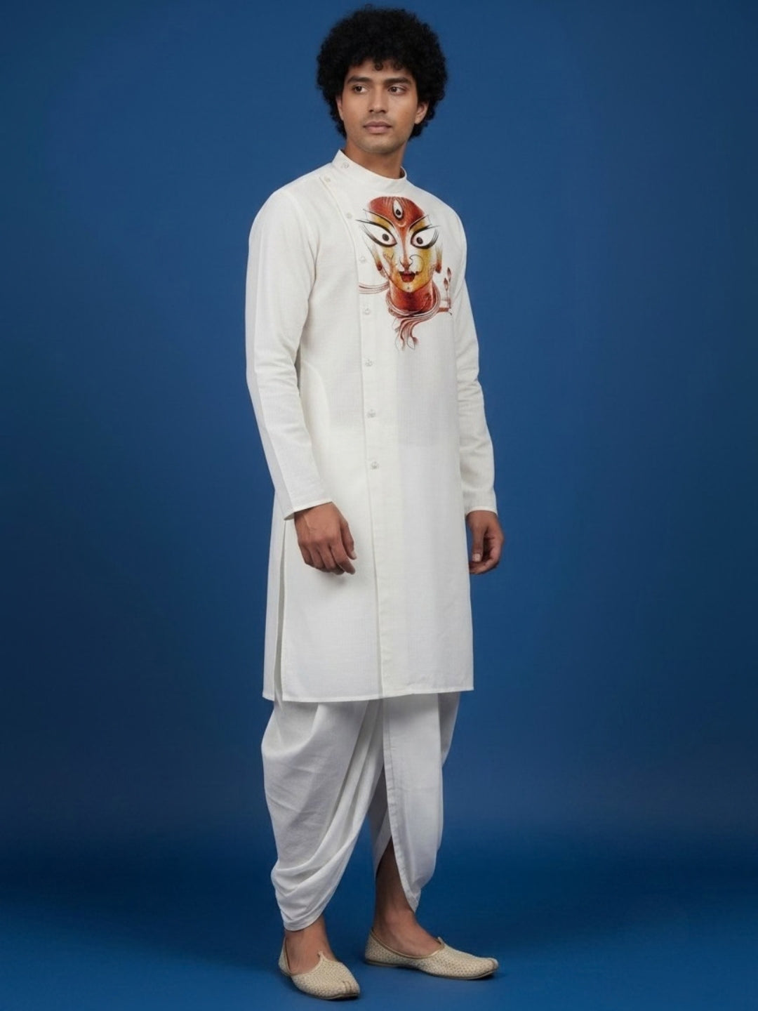 Men's White Cotton Kurta with Dhoti Set – Ethnic Print & Side Placket