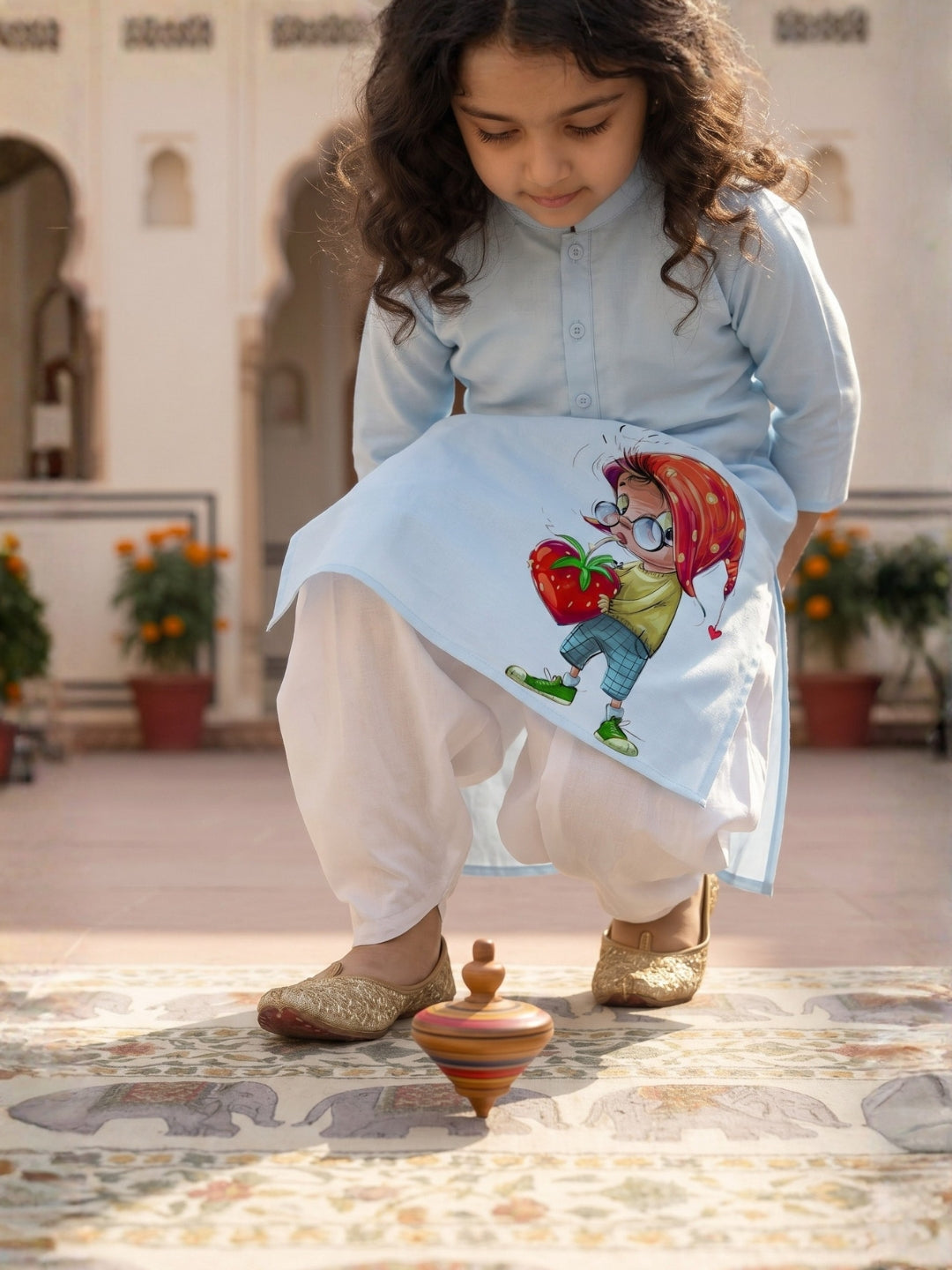 Girls' Sky Blue Cotton Kurti Set – Ethnic Print