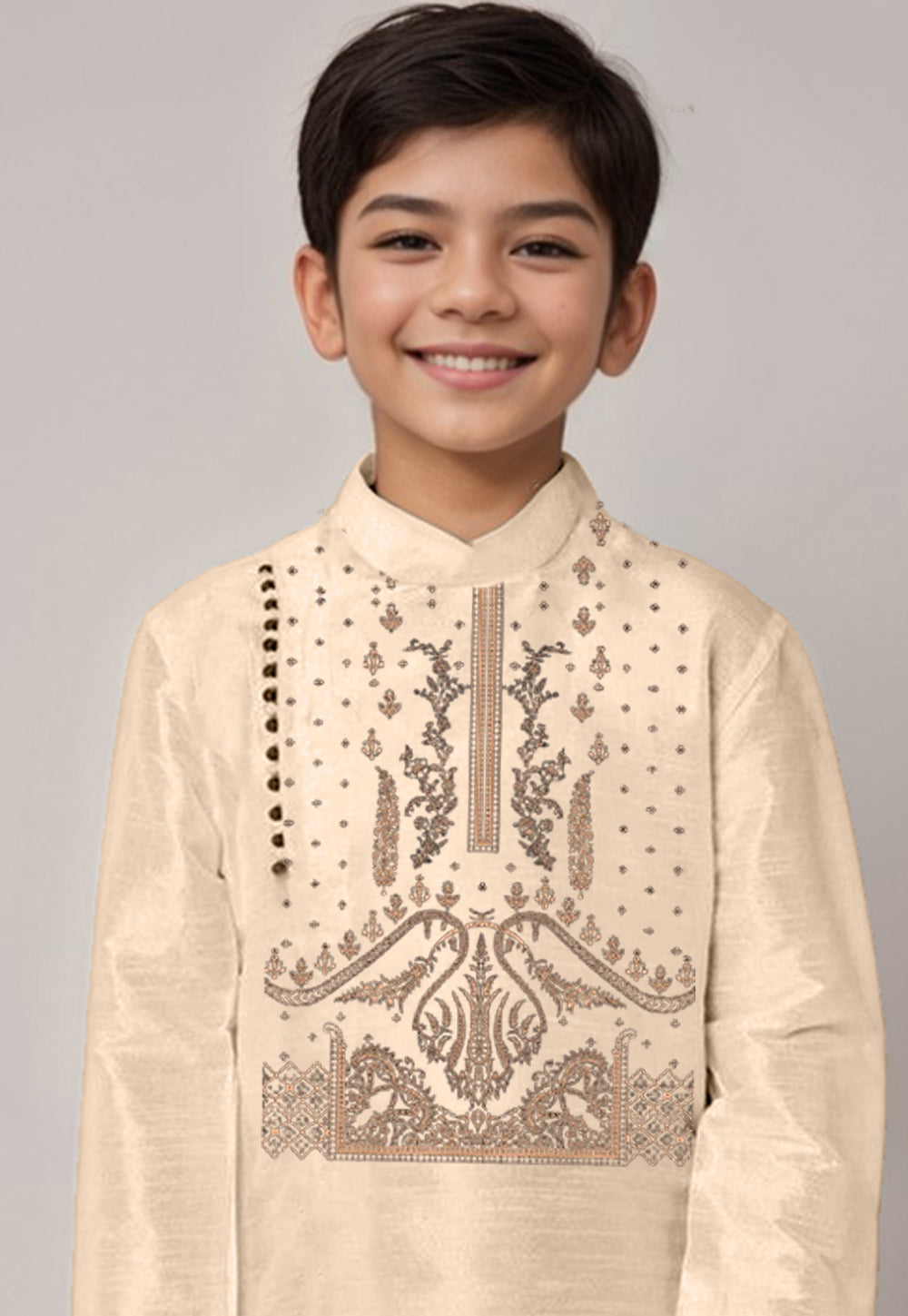 Boys' Beige Dupion Silk Kurta & Dhoti Set – Floral Print