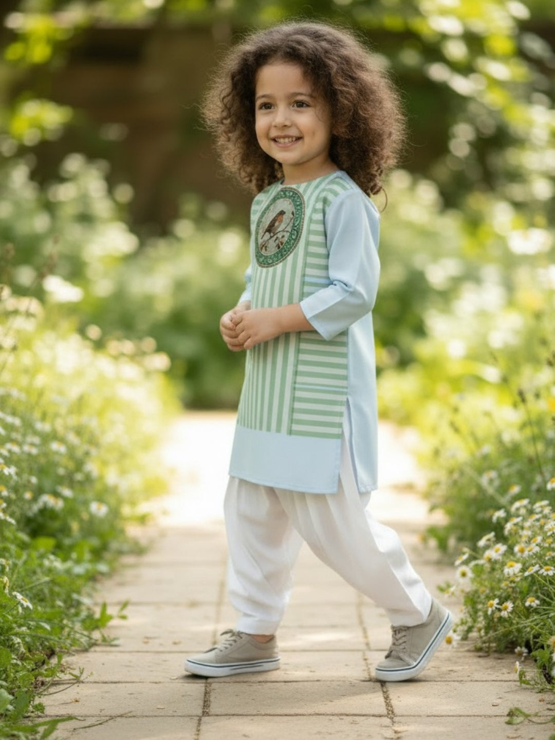 Girls' Sky Blue Cotton Kurti Set – Ethnic Print
