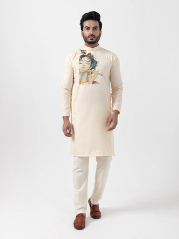 Men's Beige Cotton Kurta Set – Lord Krishna Print & Side Placket