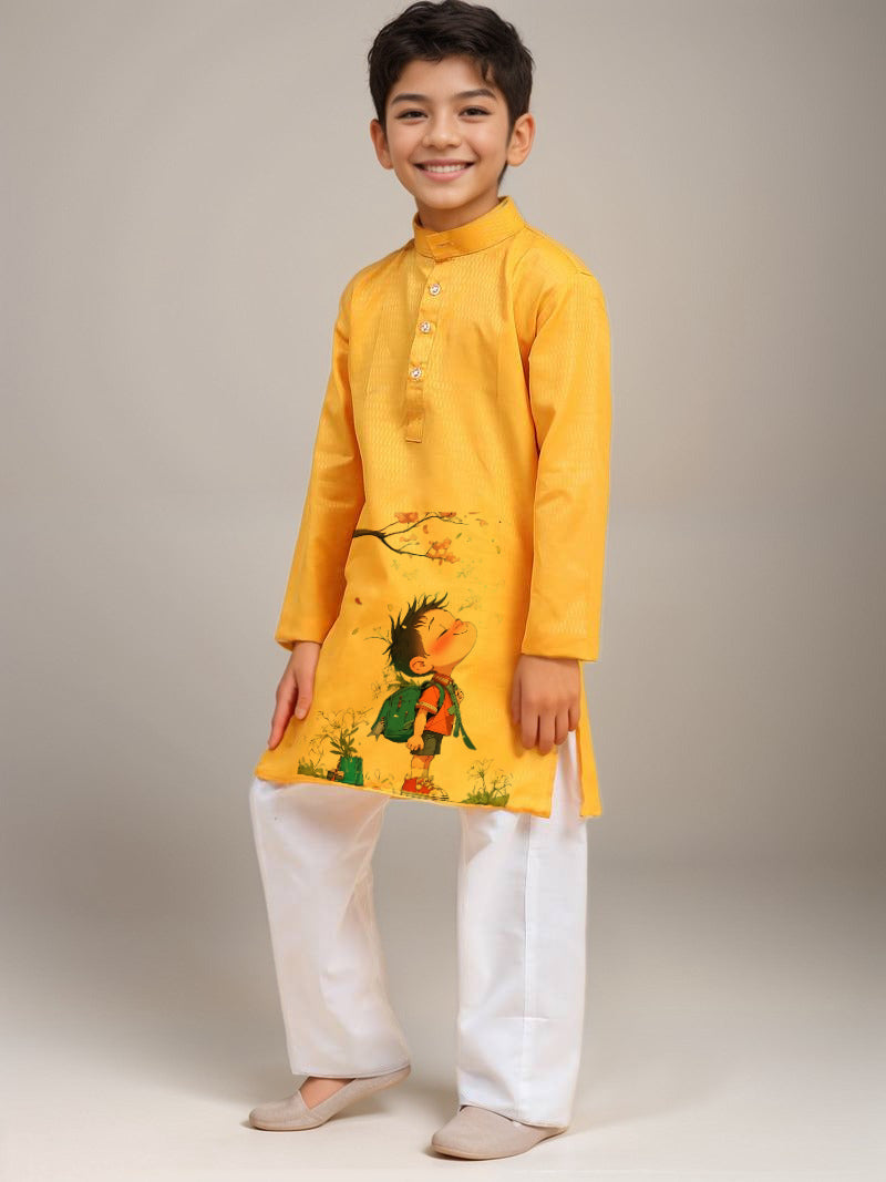 Boys' Yellow Cotton Kurta & Pyjama Set – Printed