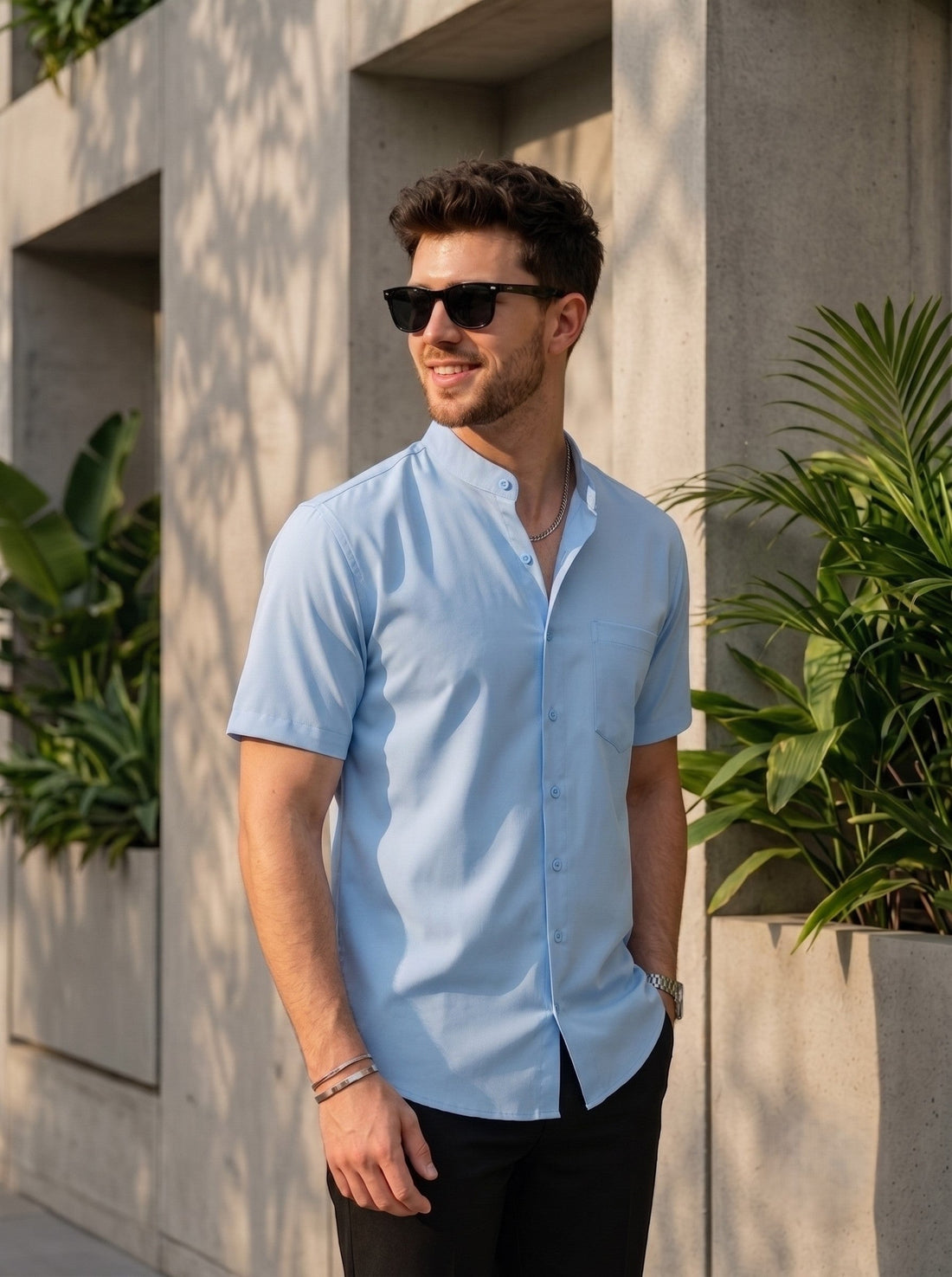 Men's Blue Cotton Shirt – Mandarin Collar