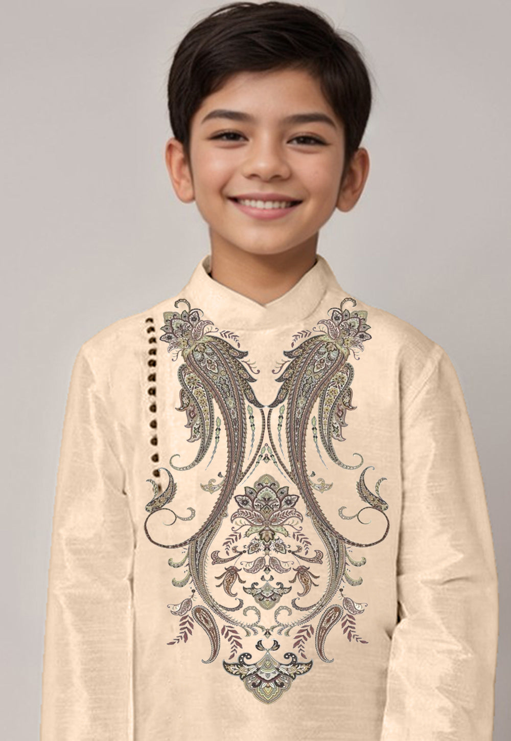 Boys' Beige Dupion Silk Kurta & Dhoti Set – Floral Print
