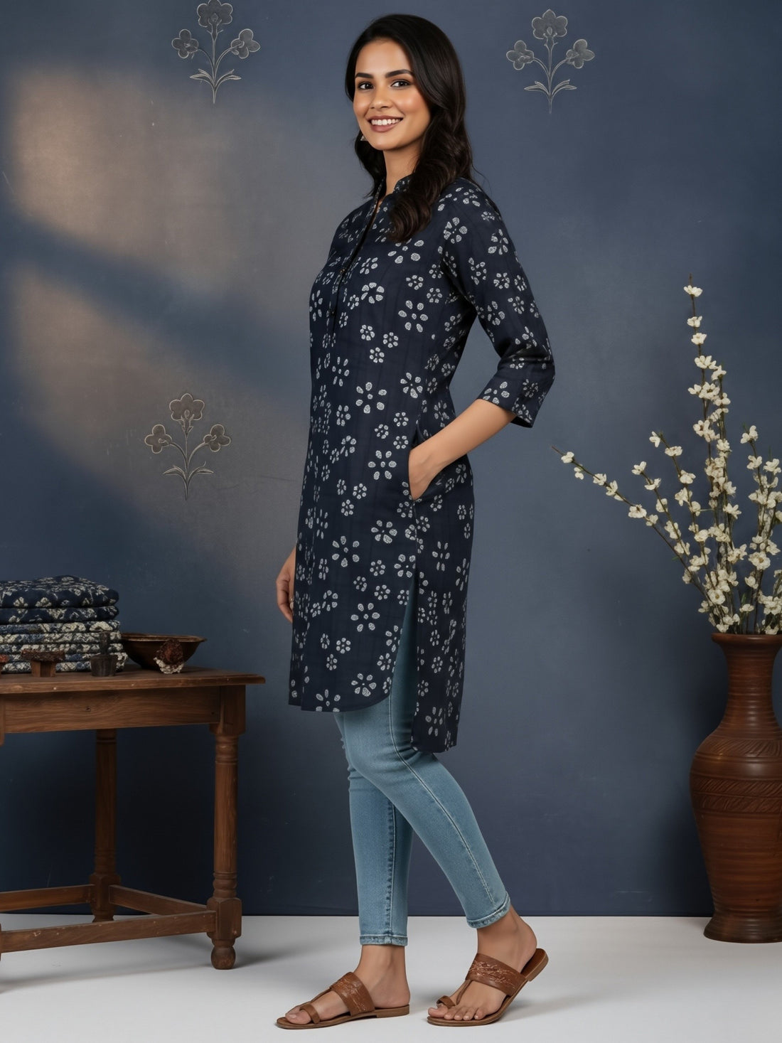 Women's Black Cotton Kurti Set – Printed