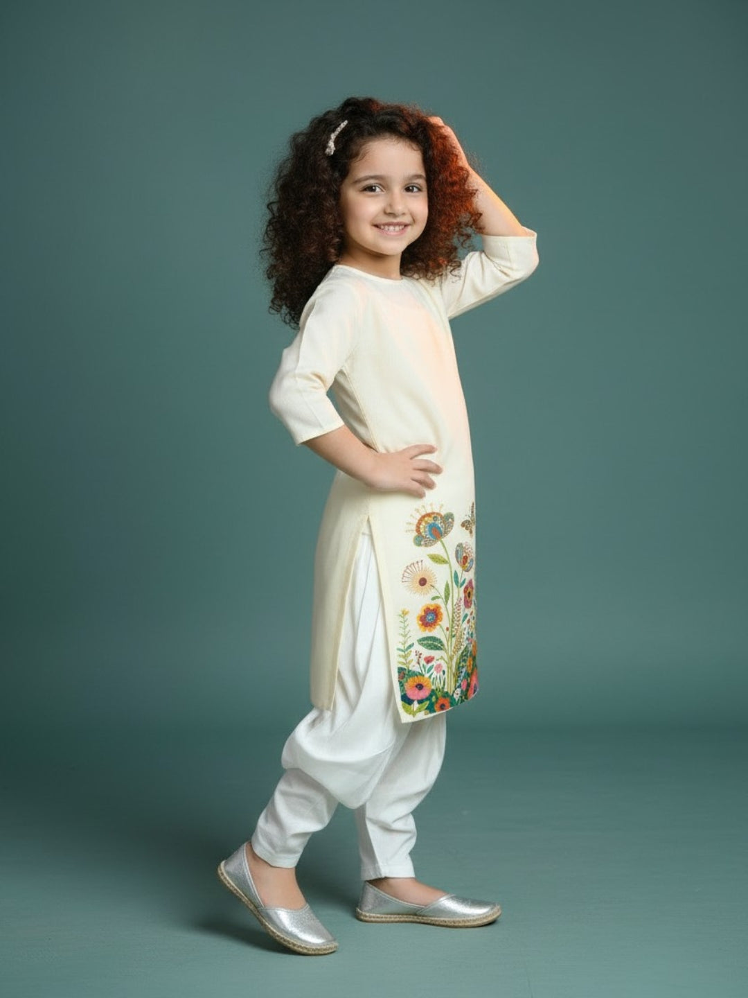 Girls' Beige Cotton Kurti Set – Ethnic Print