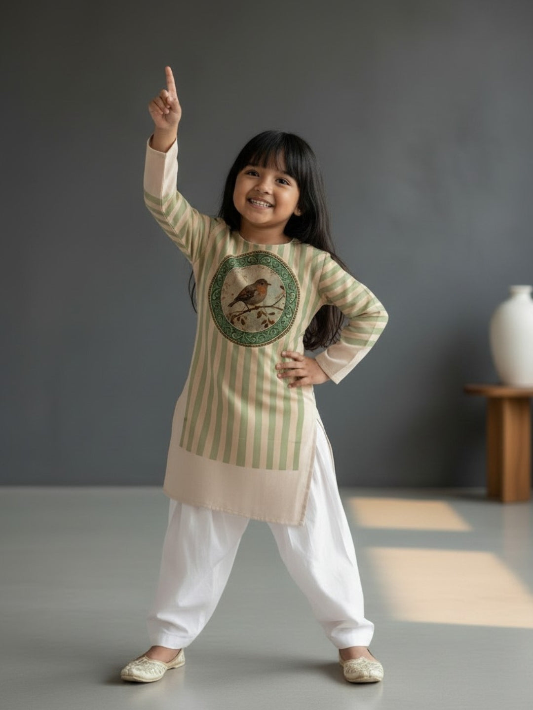 Girls' Beige Cotton Kurti Set – Ethnic Print