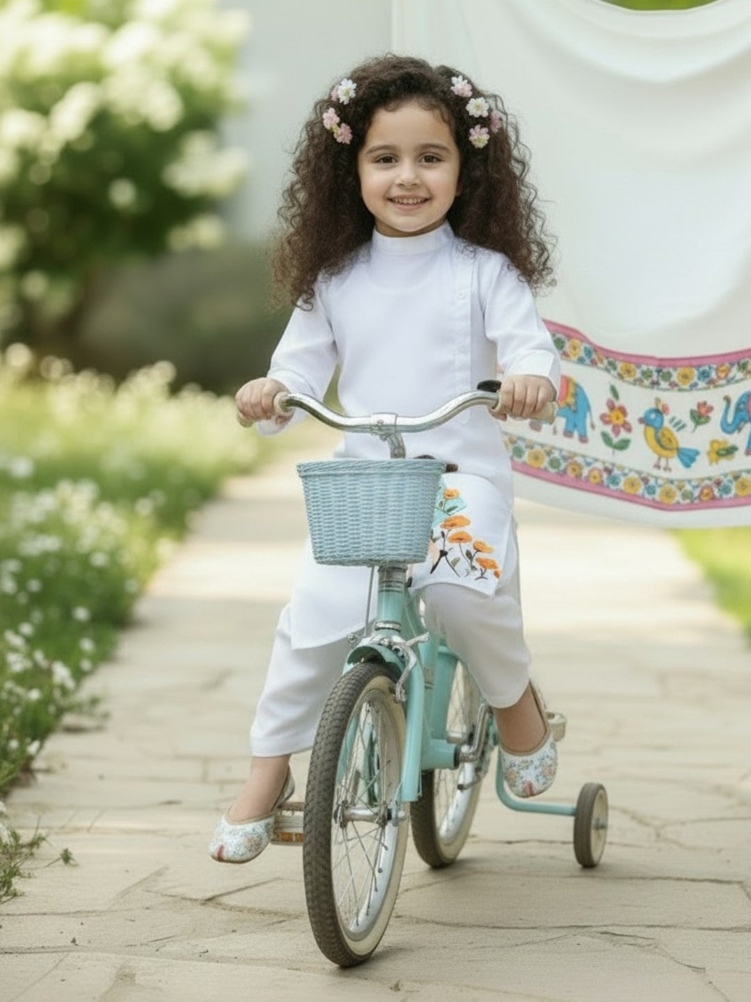 Girls' White Cotton Kurti Set – Ethnic Print
