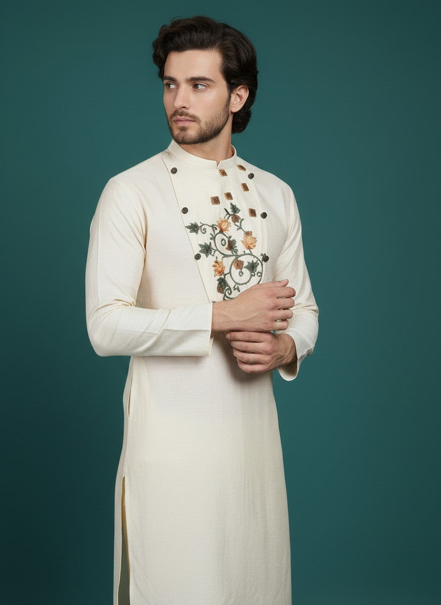 Men's Beige Pure Silk Kurta Set – Ethnic Print & Side Placket