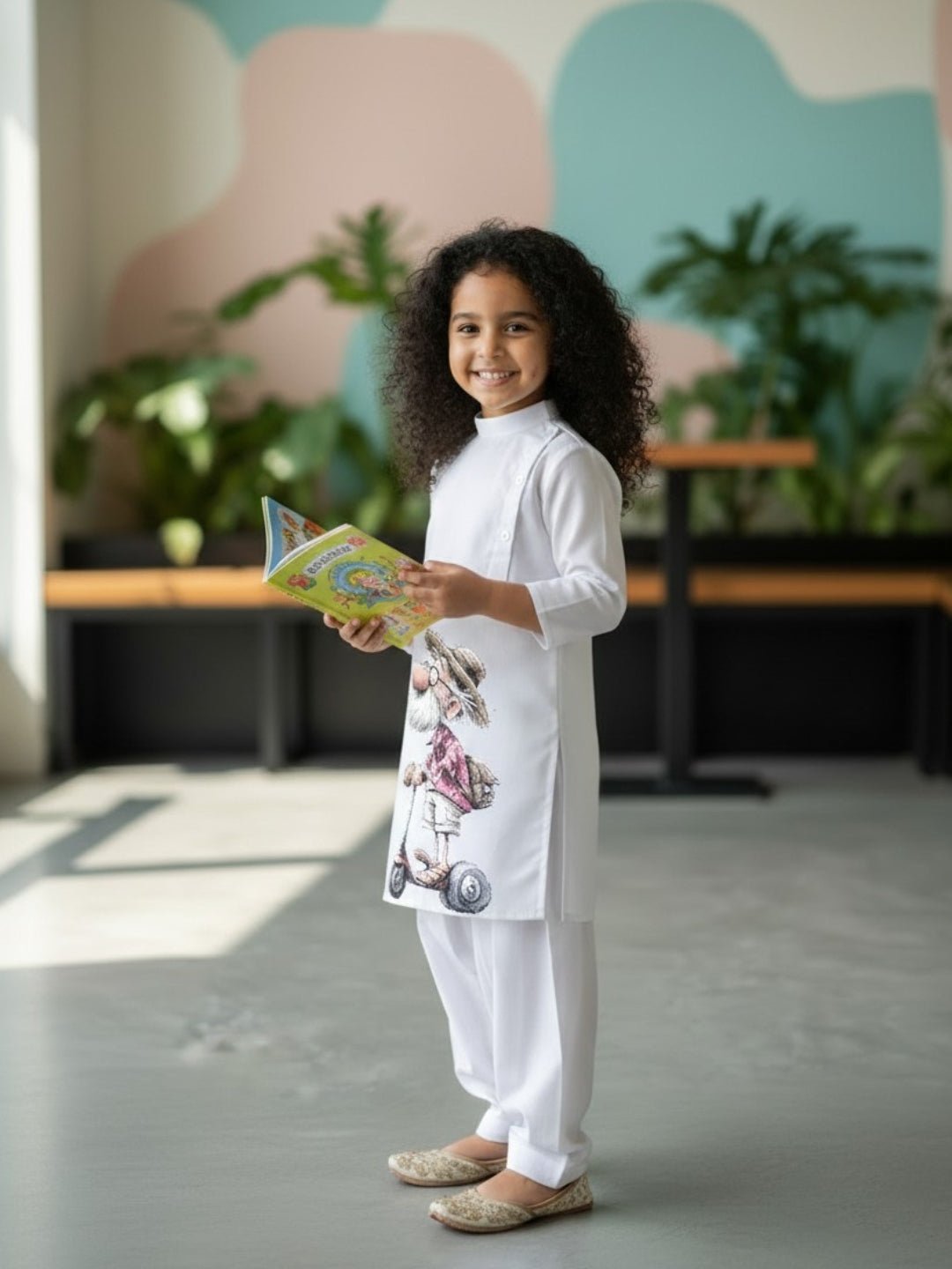 Girls' White Cotton Kurti Set – Ethnic Print