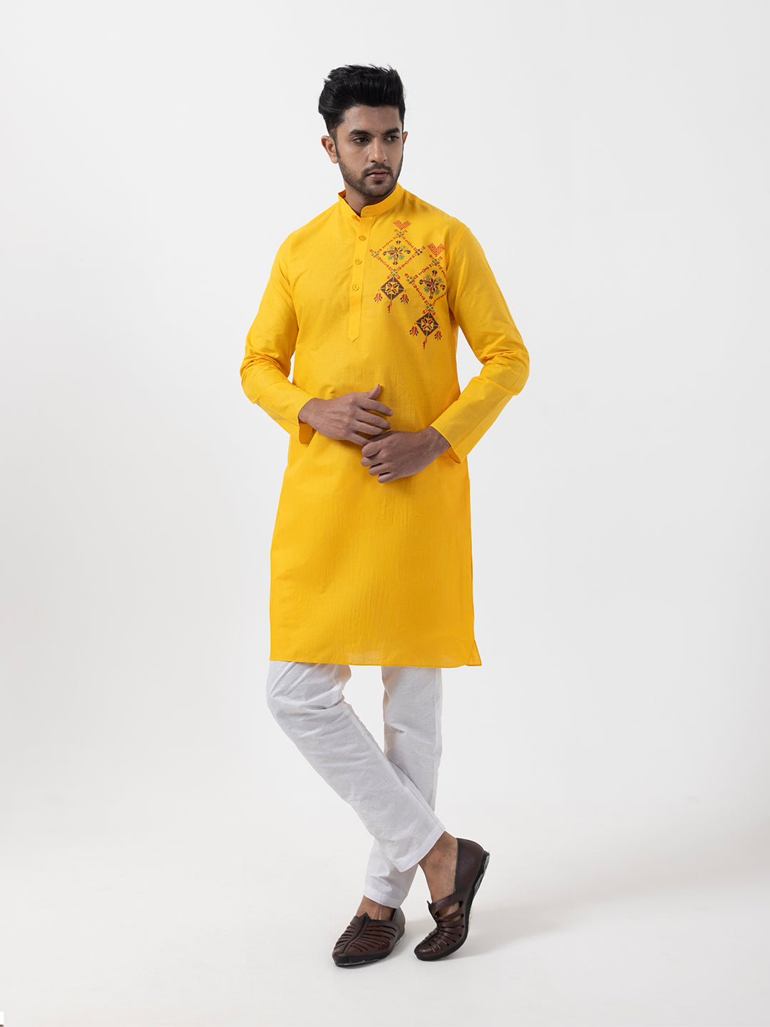 Men's Yellow Cotton Kurta Set – Ethnic Print