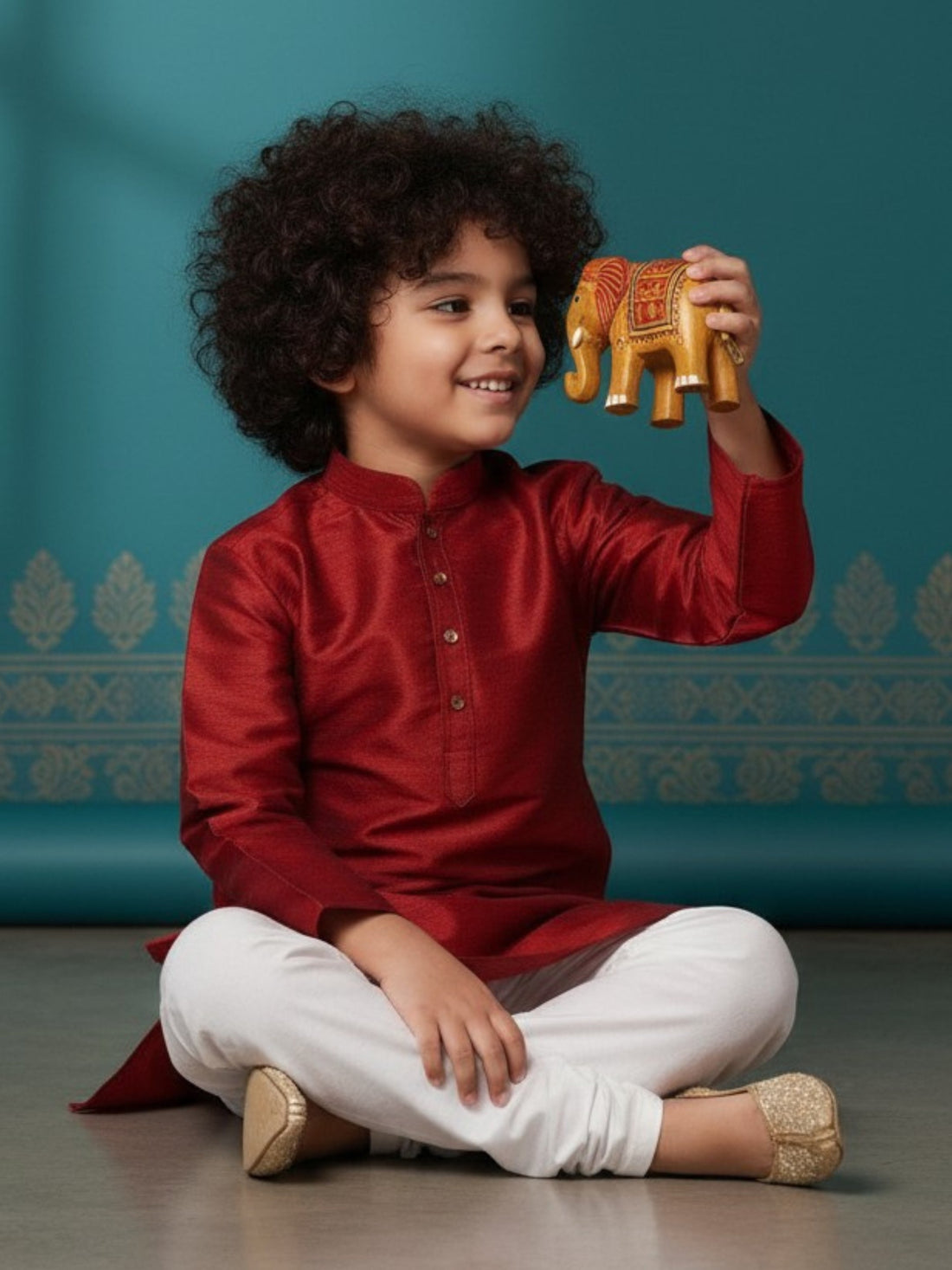 Boys' Red Art Silk Kurta Set – Solid