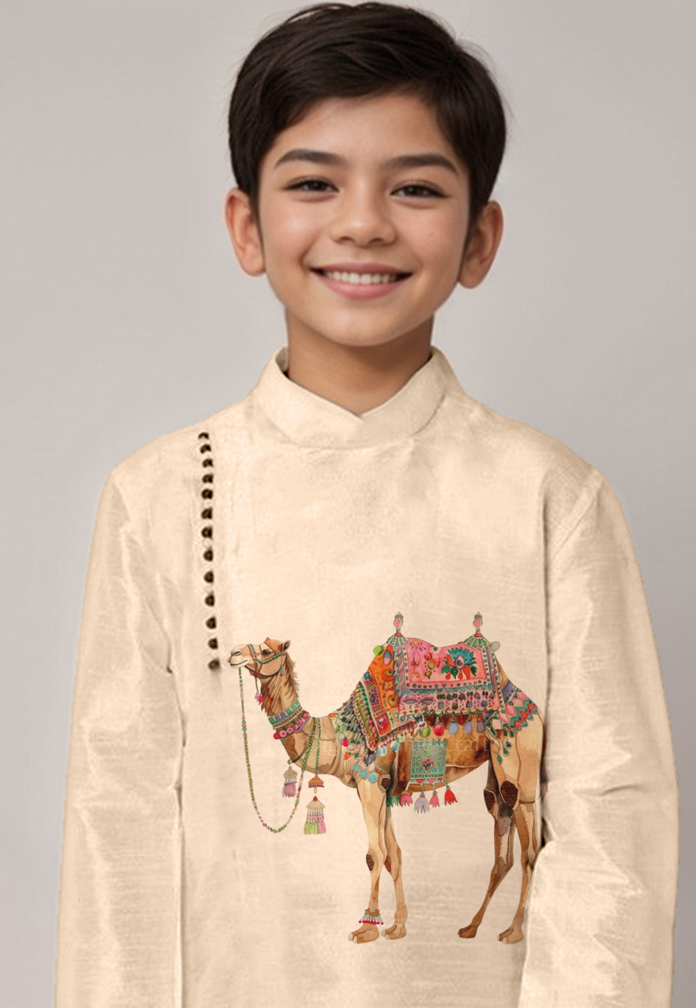 Boys' Beige Dupion Silk Kurta & Dhoti Set – Floral Print