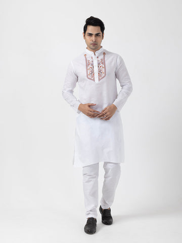 Men's White Cotton Kurta Set – Ethnic Print