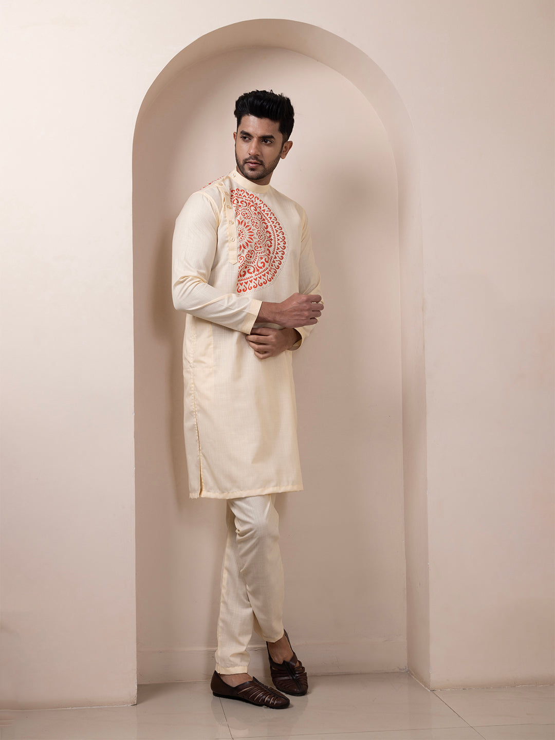 Men's Beige Cotton Kurta Set – Ethnic Print & Side Placket