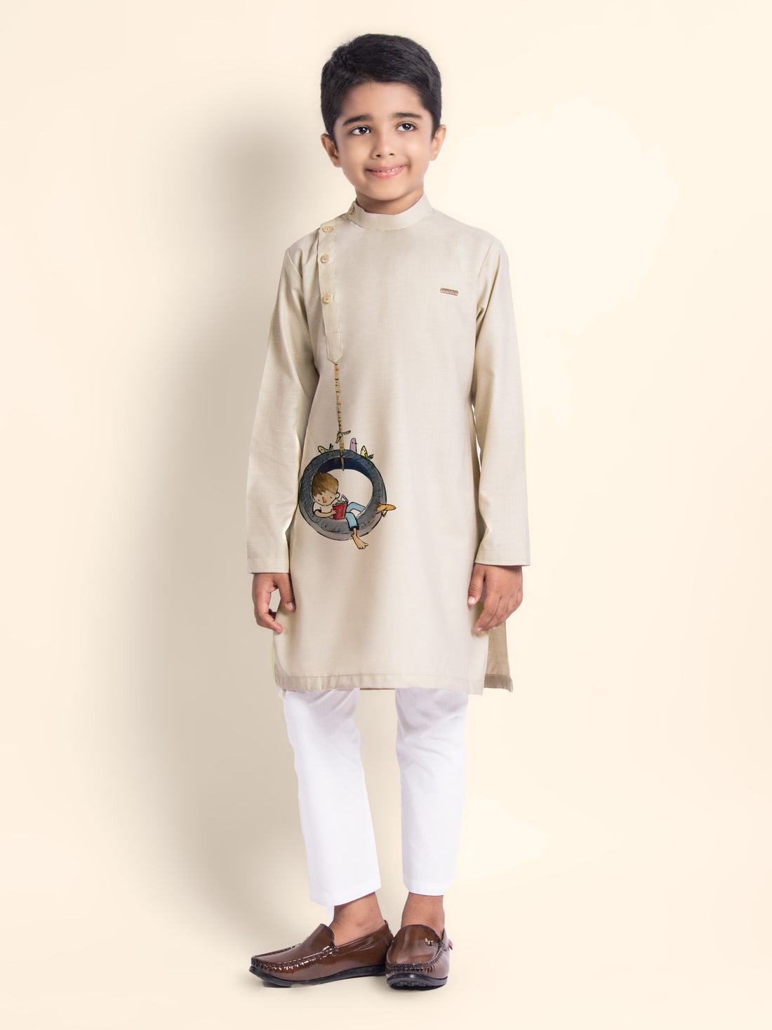 Boys' Beige Cotton Kurta & Pyjama Set – Printed