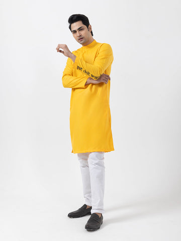 Men's Mustard Cotton Kurta Set – Ethnic Print & Side Placket
