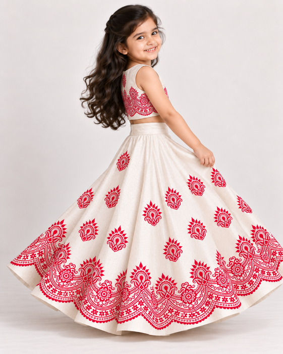 Girls' Off-White Art Silk Lehenga Set – Printed