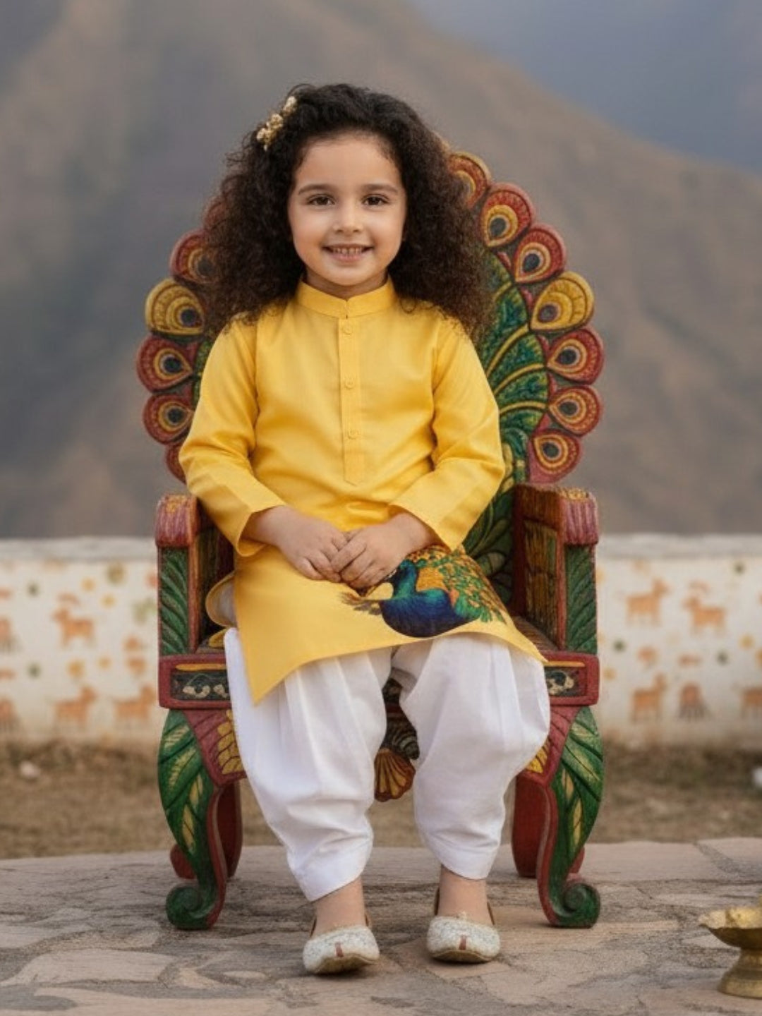 Girls' Yellow Cotton Kurti Set – Ethnic Print