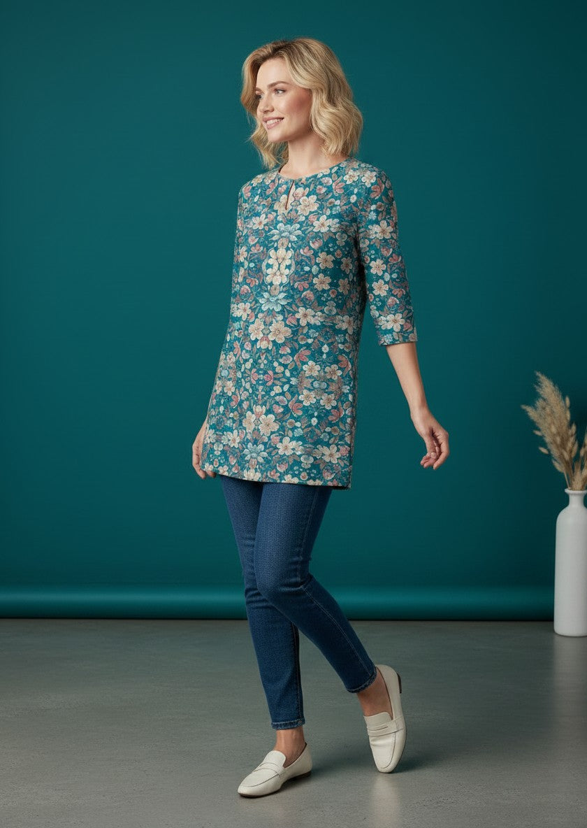 Women's Teal Blue Cotton Tunic Top – Printed