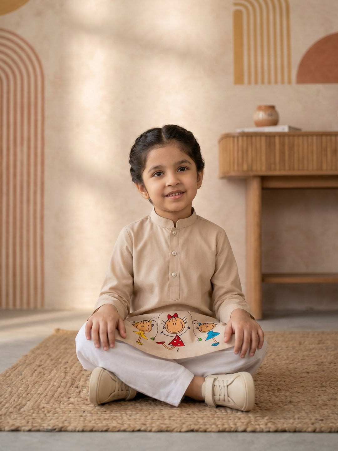 Girls' Beige Cotton Kurti Set – Ethnic Print
