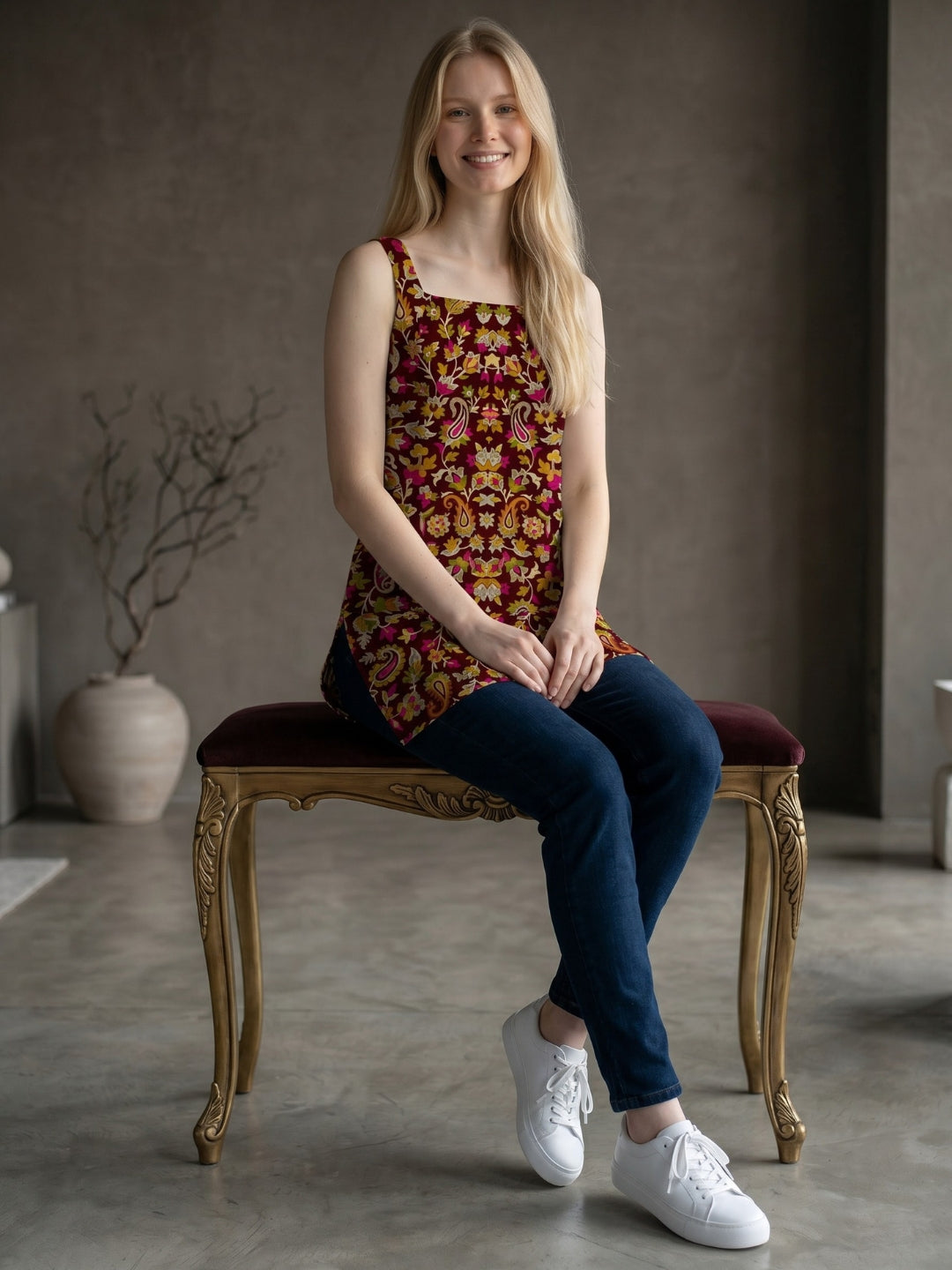 Women's Multicolour Cotton Sleeveless Top – Floral Print