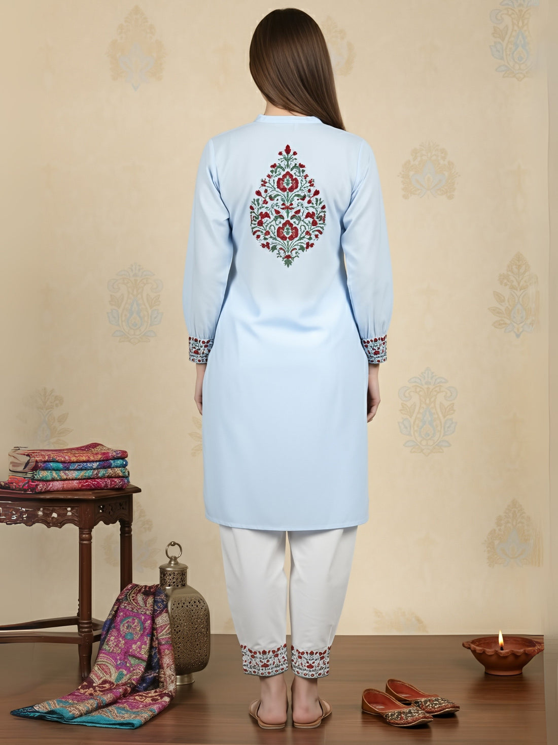 Women's Sky Blue Cotton Kurti Set – Ethnic Print