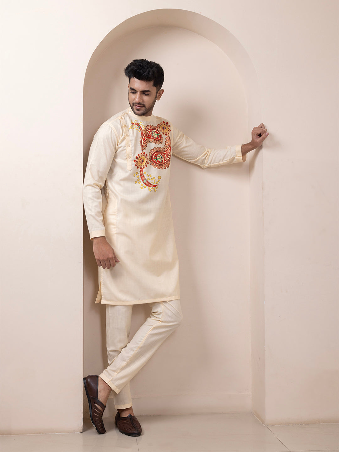 Men's Beige Cotton Kurta Set – Ethnic Print & Side Placket