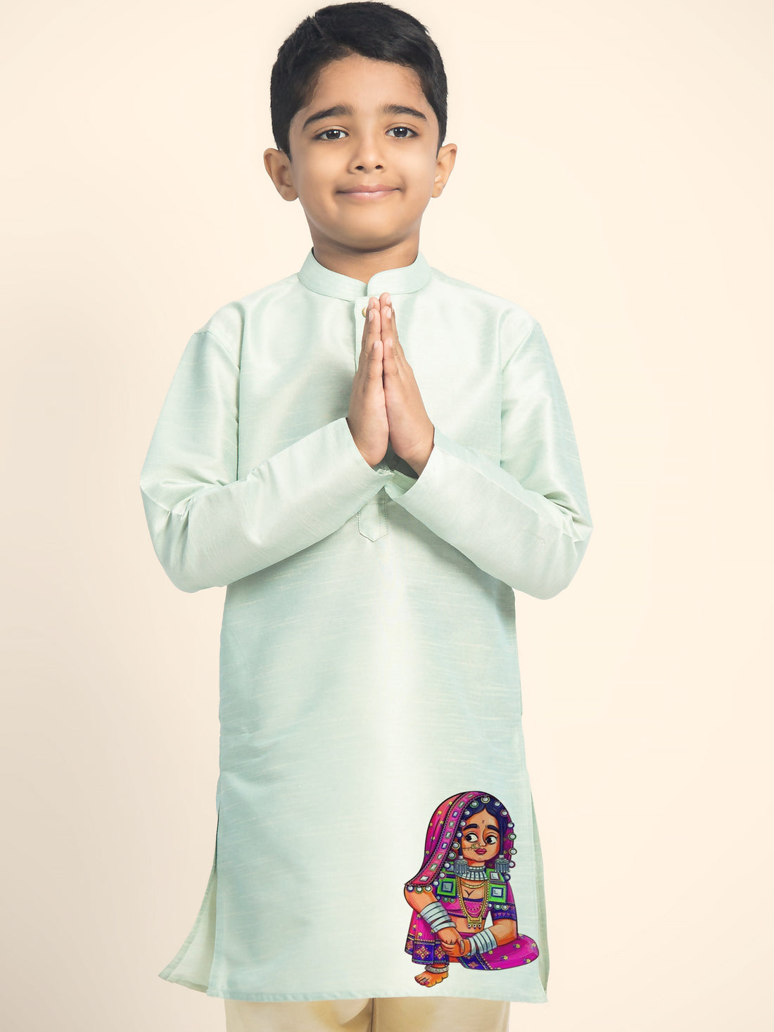 Boys' Green Dupion Silk Kurta Set – Printed