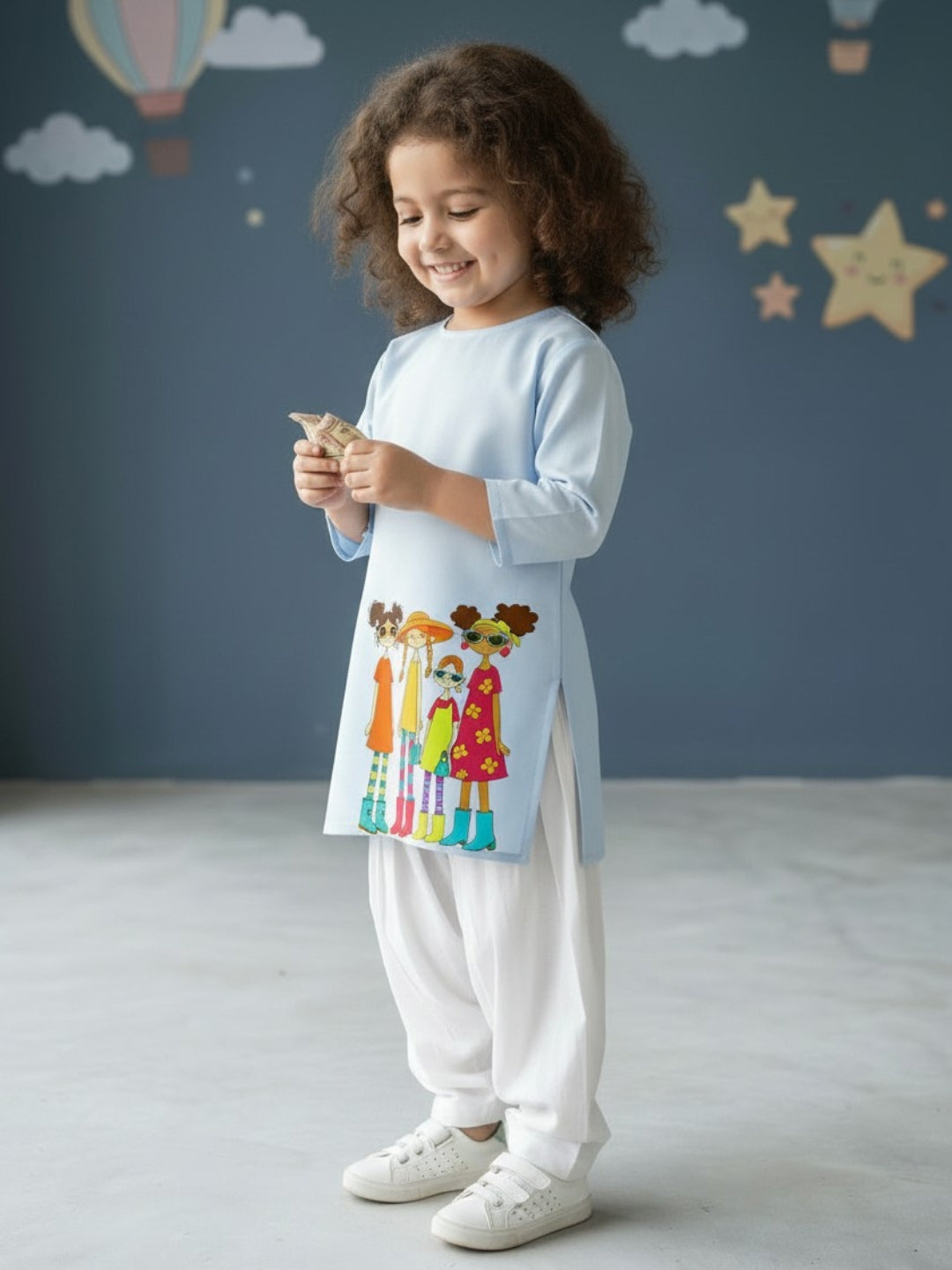 Girls' Sky Blue Cotton Kurti Set – Ethnic Print
