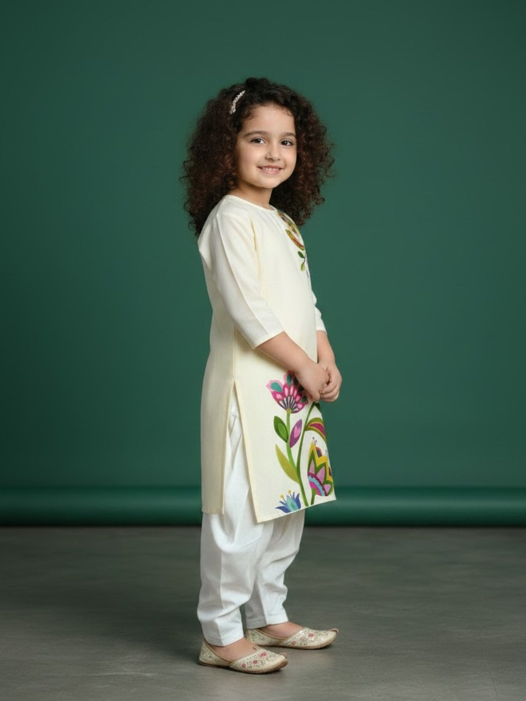 Girls' Beige Cotton Kurti Set – Ethnic Print