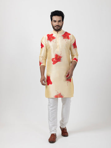 Men's Beige Art Silk Kurta Set – Ethnic Print