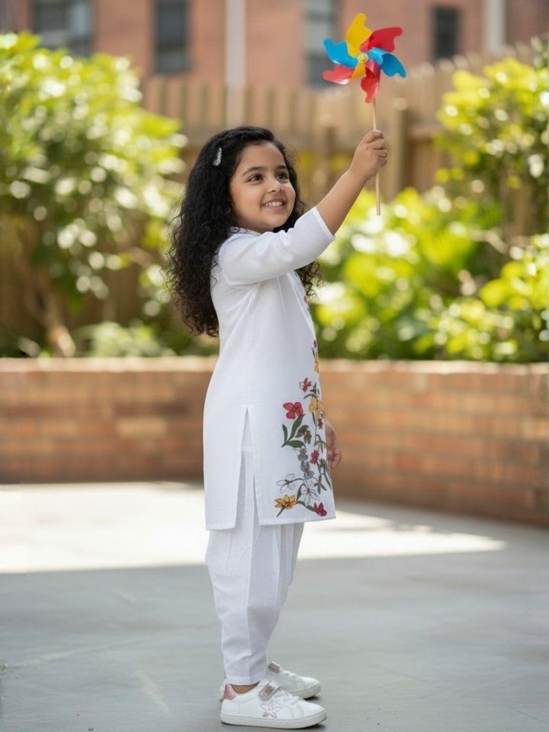 Girls' White Cotton Kurti Set – Ethnic Print