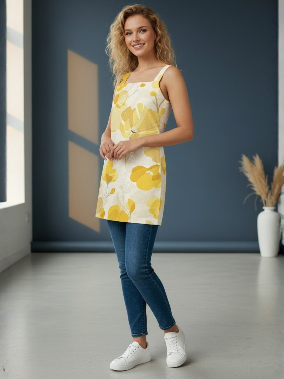 Women's Yellow Cotton Sleeveless Top – Floral Print