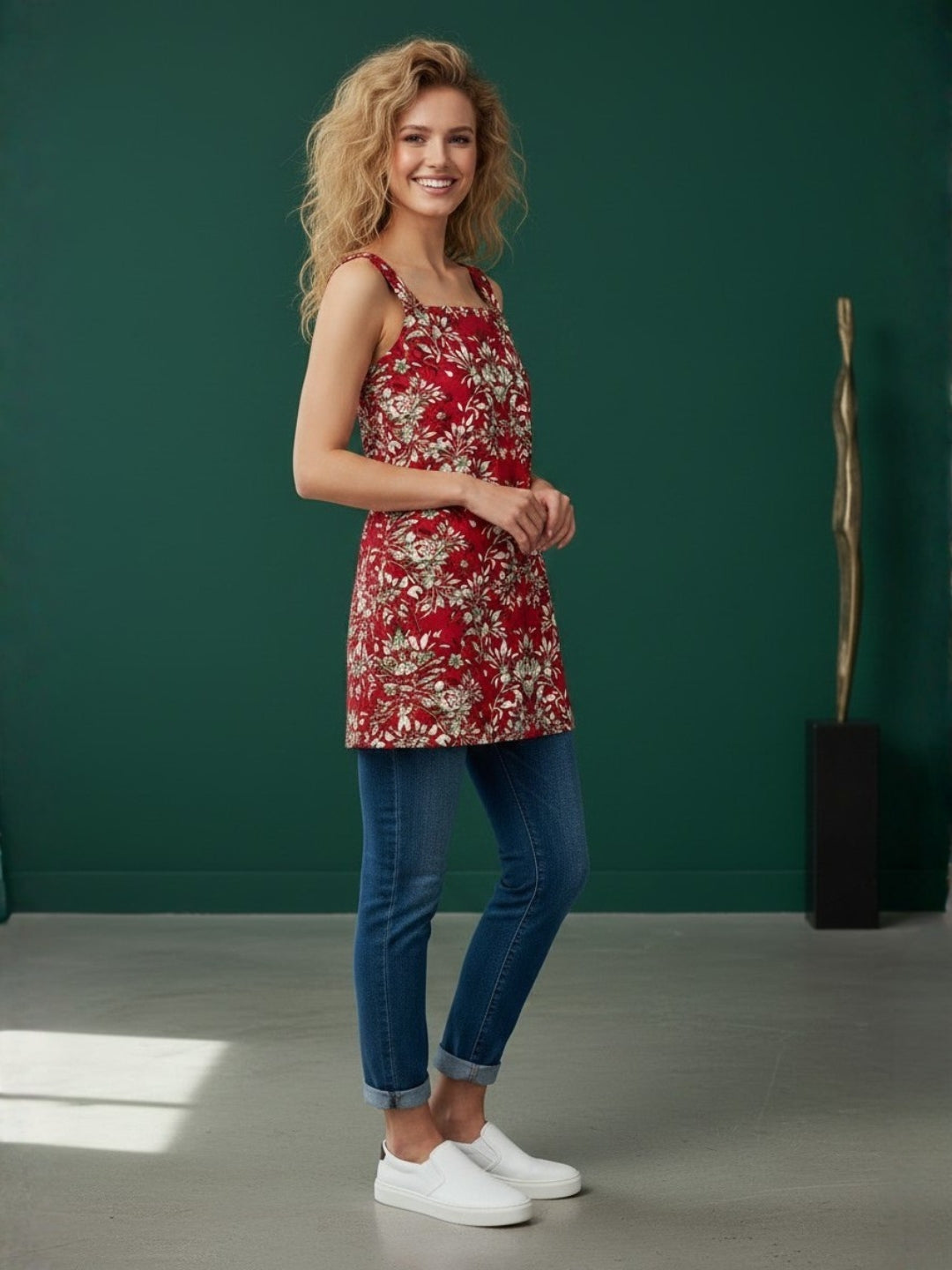 Women's Red Cotton Sleeveless Top – Floral Print