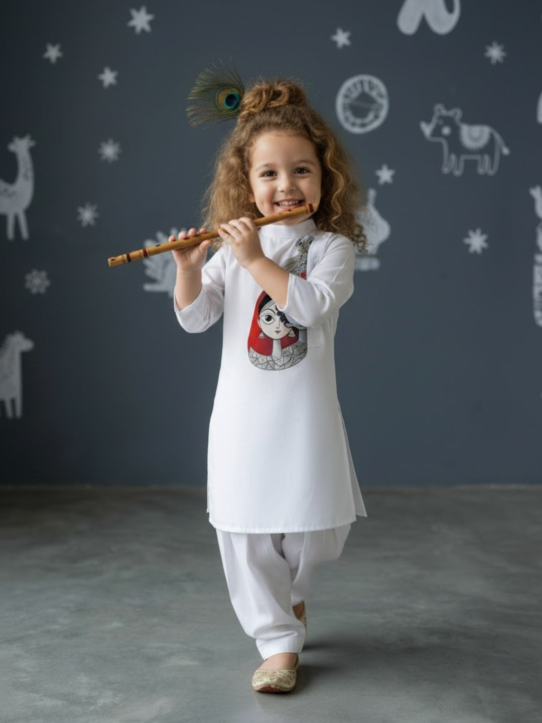 Girls' White Cotton Kurti Set – Ethnic Print