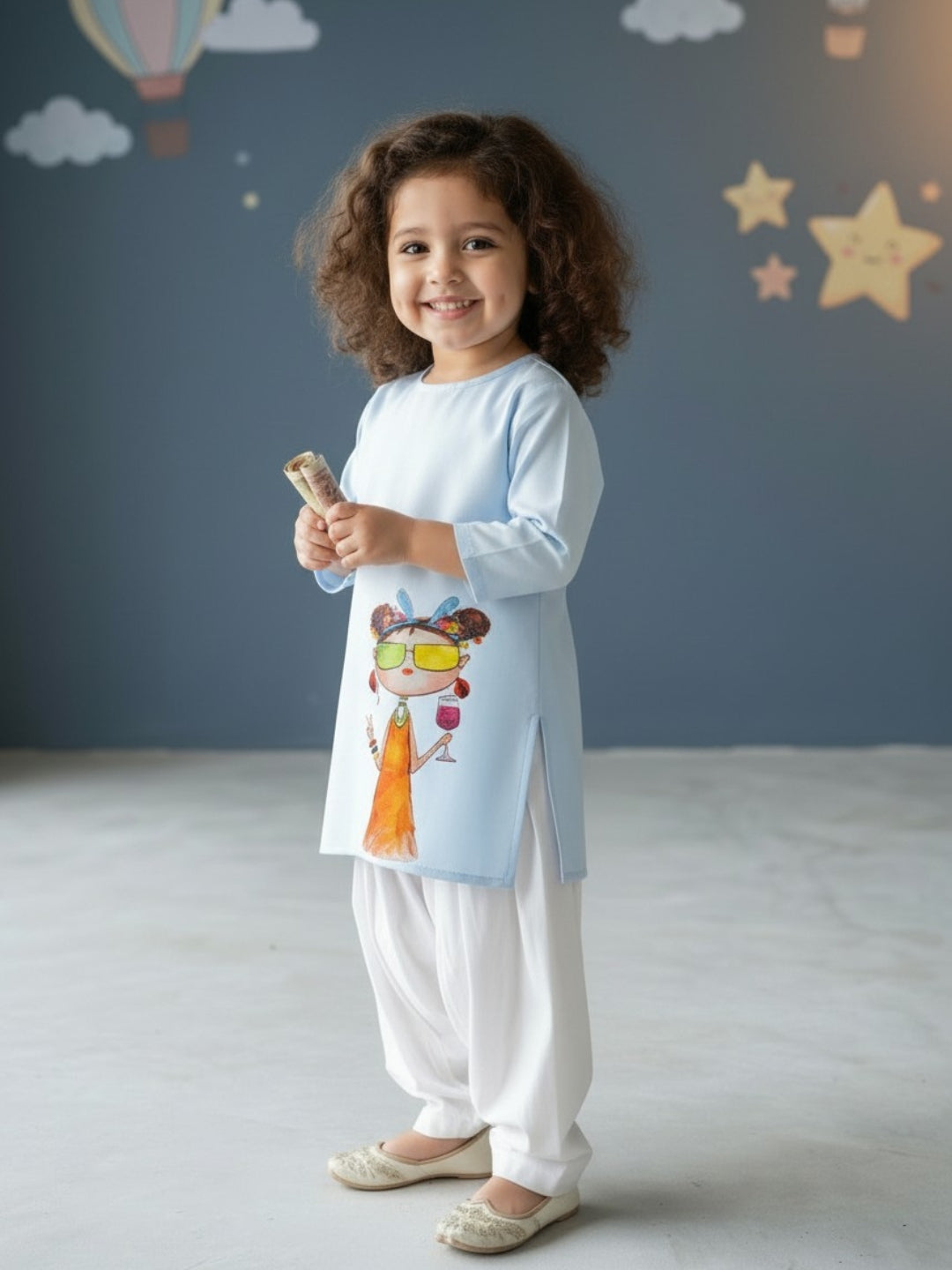 Girls' Sky Blue Cotton Kurti Set – Ethnic Print