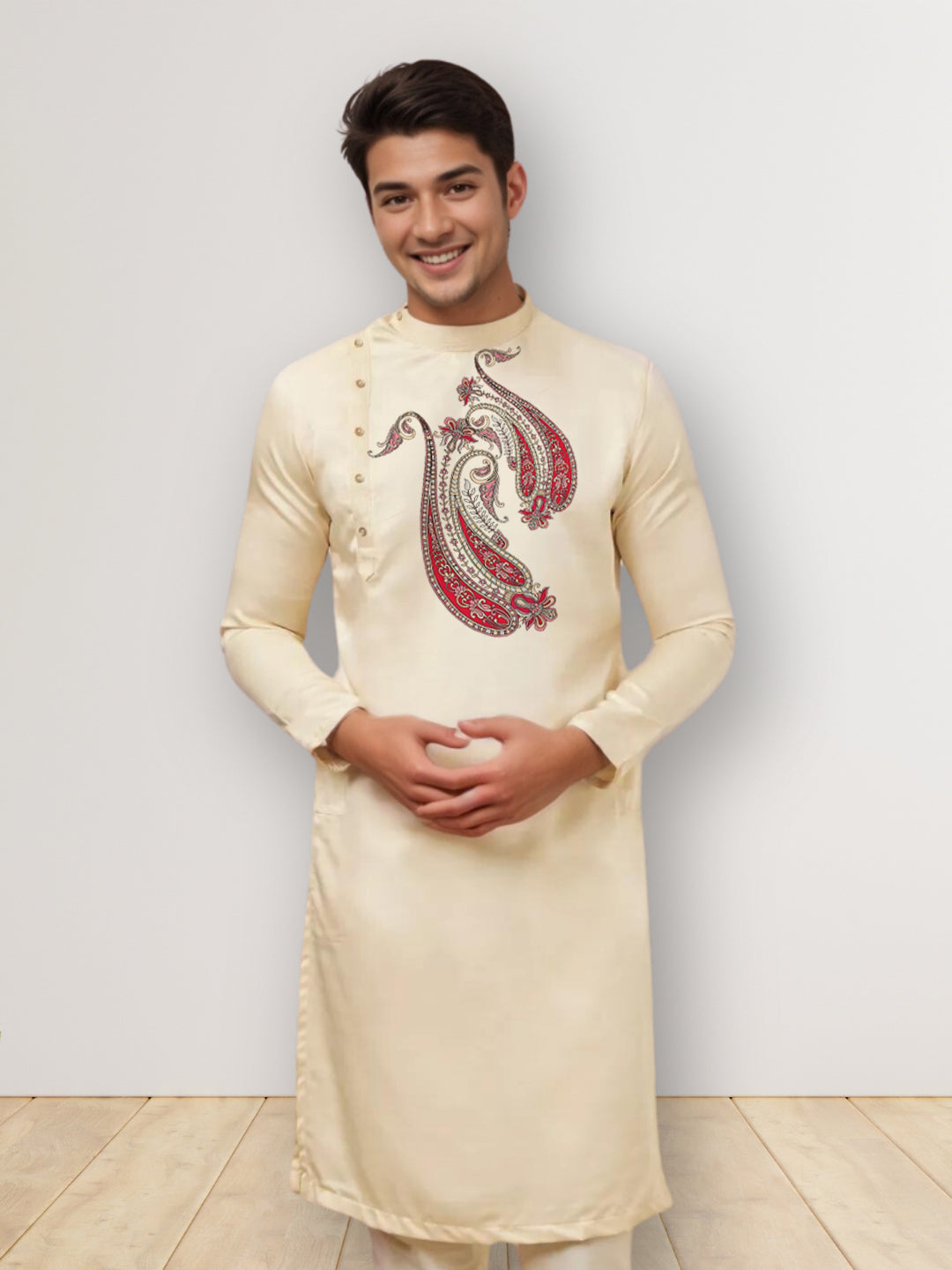 Men's Beige Cotton Kurta Set – Ethnic Print & Side Placket