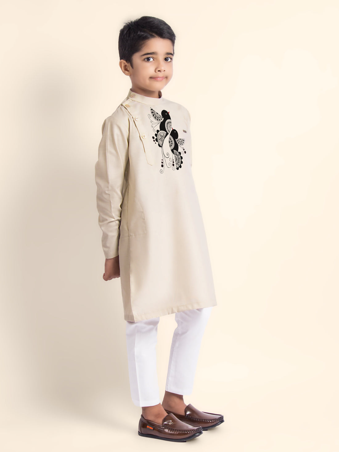 Boys' Beige Cotton Kurta Set – Printed