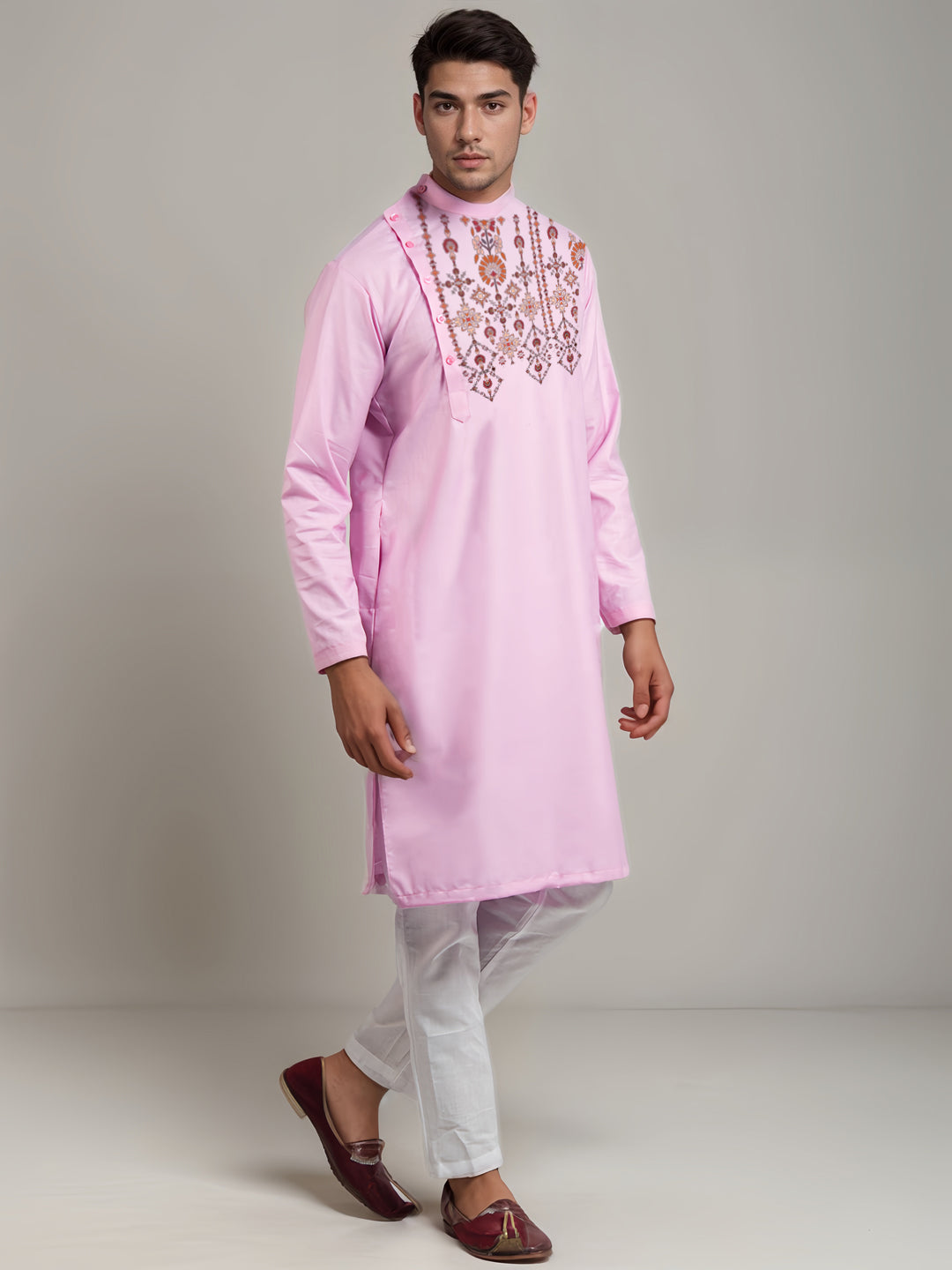 Men's Pink Cotton Kurta Set – Ethnic Print & Side Placket