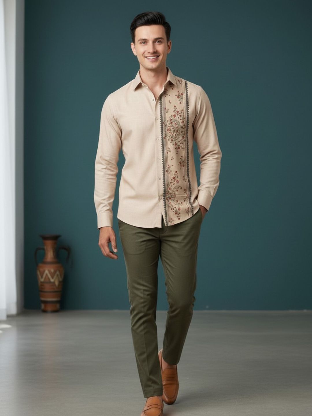 Men's Beige Cotton Shirt – Ethnic Print